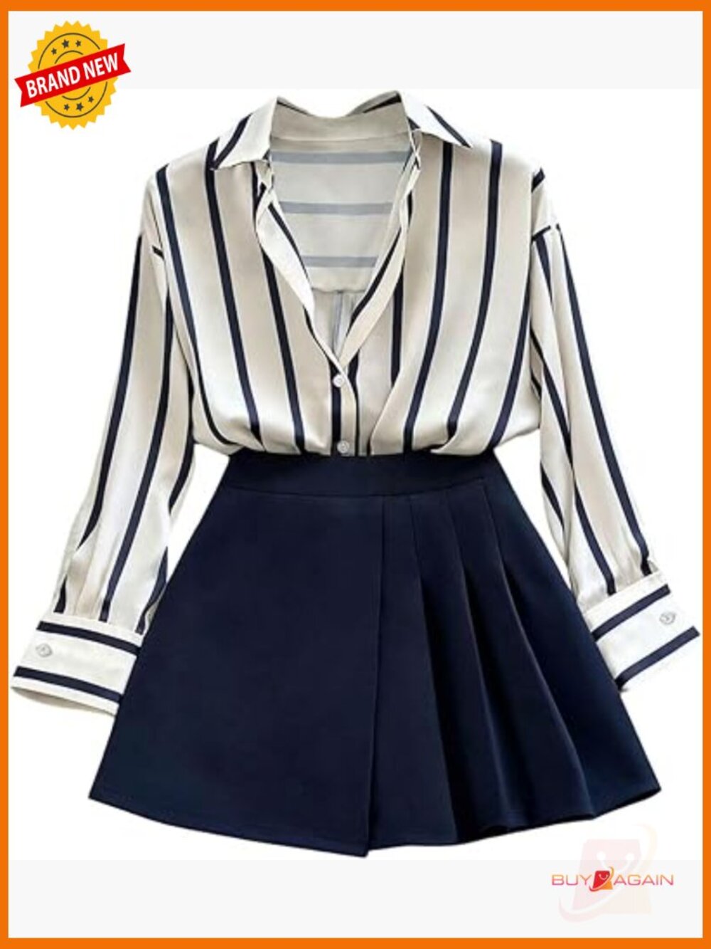 Striped Button Down Shirt and Pleated Skirt 2 Piece Set Business Casual
